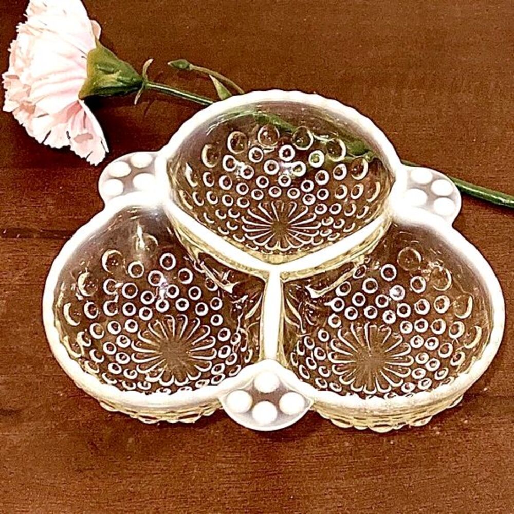 Vintage Anchor Hocking Moonstone Opalescent Hobnail 3 Section Divided Dish 40s